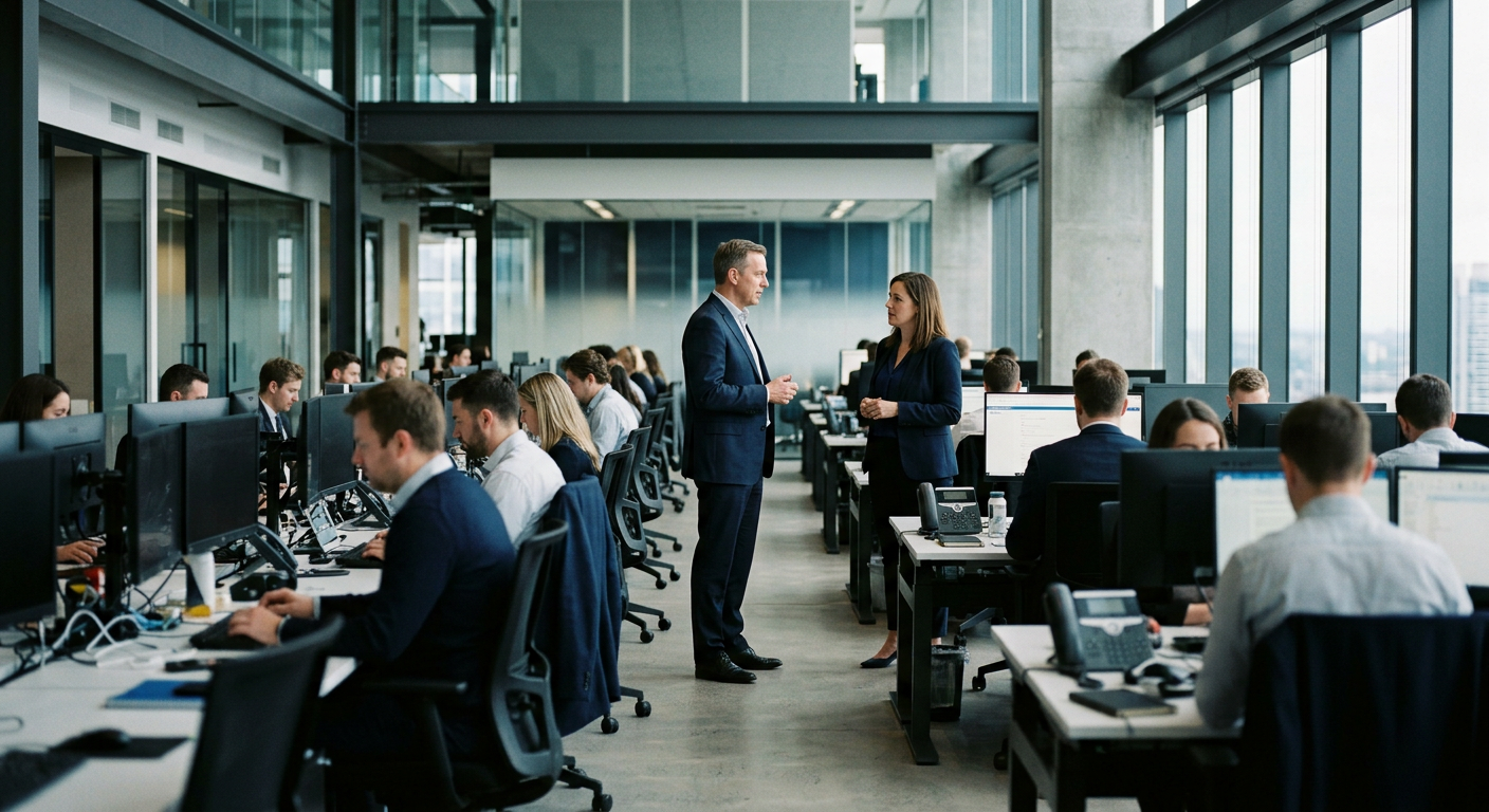A senior operator in conversation with a team lead on a busy operations floor
